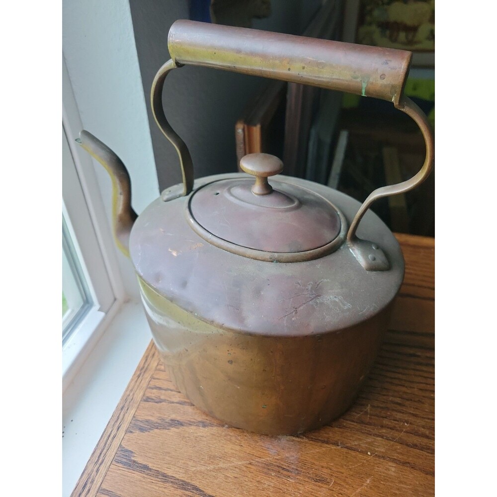 Antique Copper Gooseneck Tea Kettle Primitive Patina 1800 Colonial USA #8 Stamp